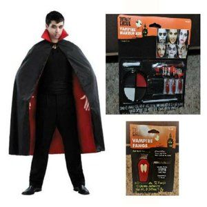Vampire Dracula Halloween Costume 54" Black Cape, Teeth Fangs Makeup Adult 3 Pc